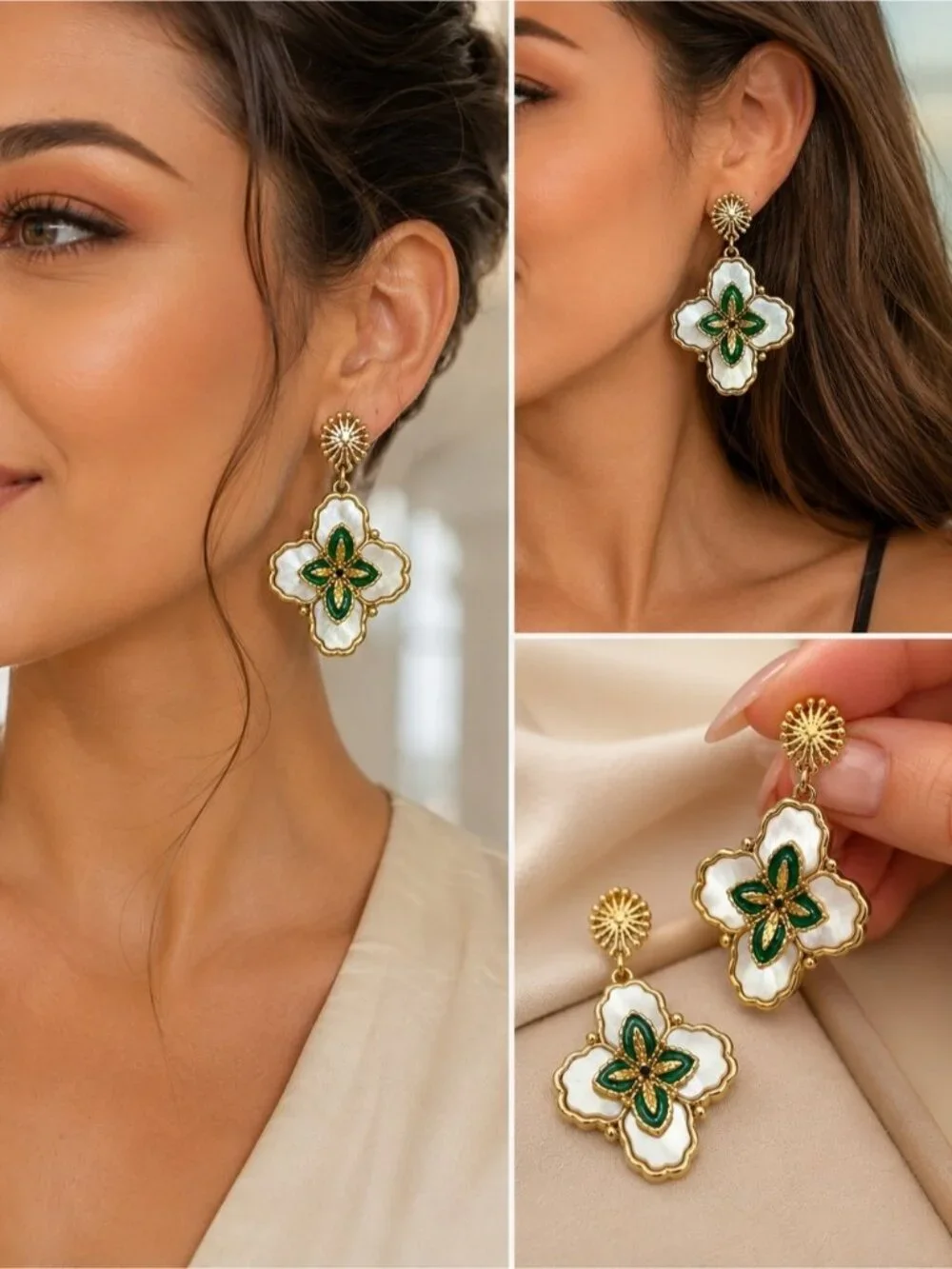 White & Green Floral Drop Earrings|Vintage Inspired Lightweight Dangle Earrings